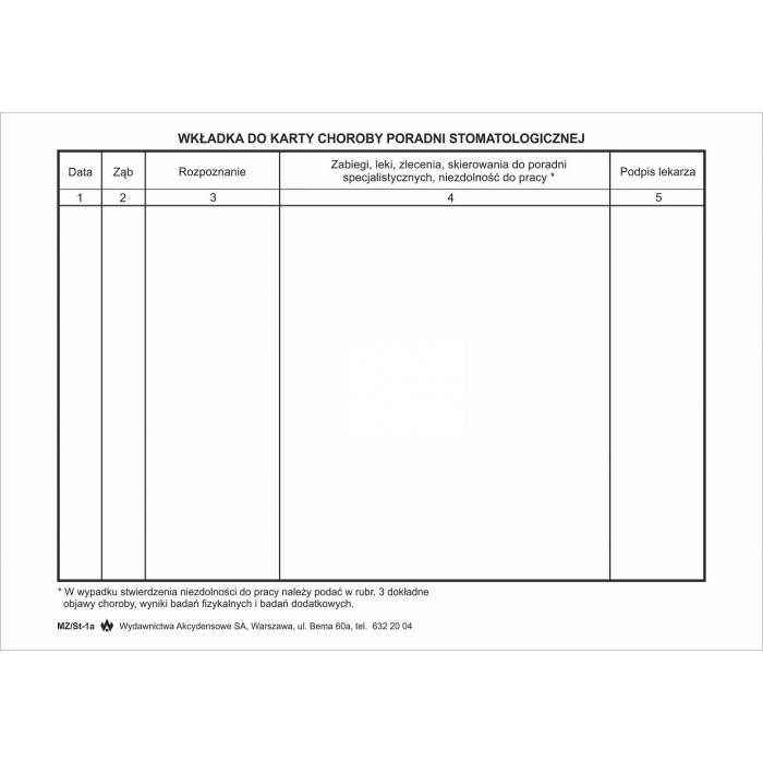Wkładka do karty stomatologicznej 80 kart.