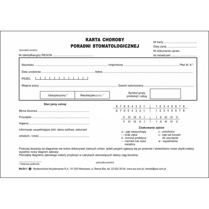 Karta choroby poradni stomatologicznej 80 kart.